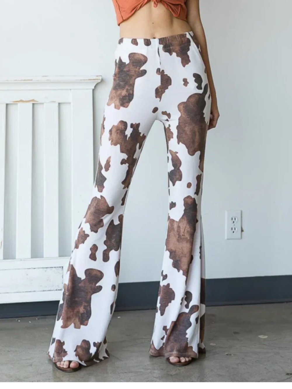 Jade by Jane High-Waisted Cow Print Flared Pants - Brown on White